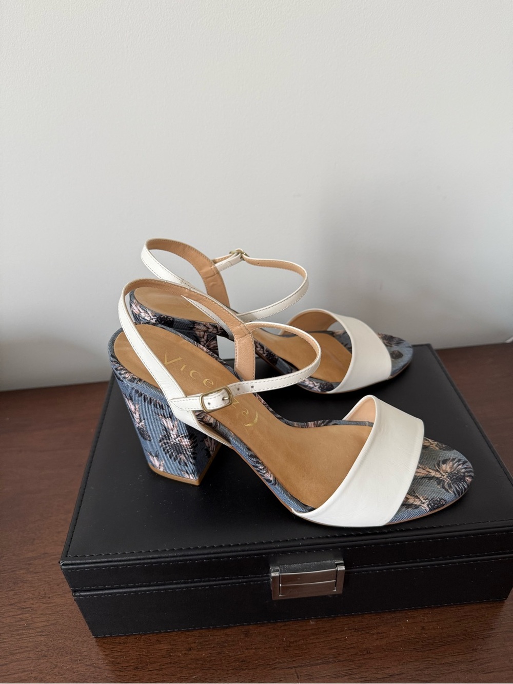 White Ankle-Strap Block Heel Sandals with Patterned Heel